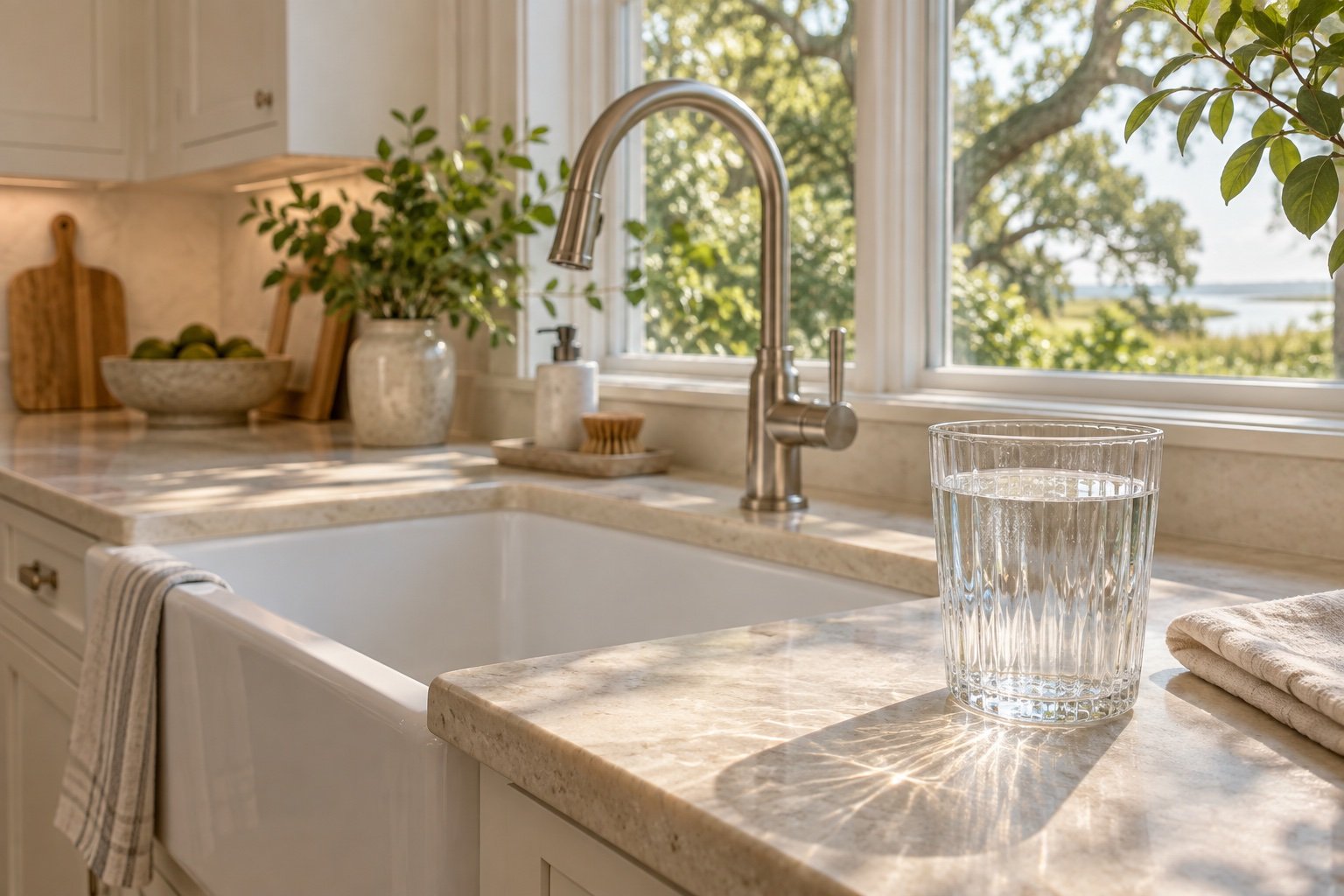 A glass of water beside a sunlit kitchen sink